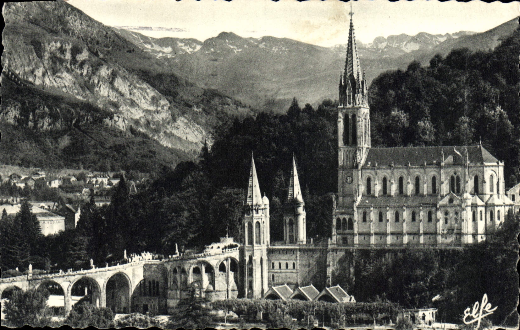 VINTAGE POSTCARD Heavy View from above on the basilica and the valley of Gave