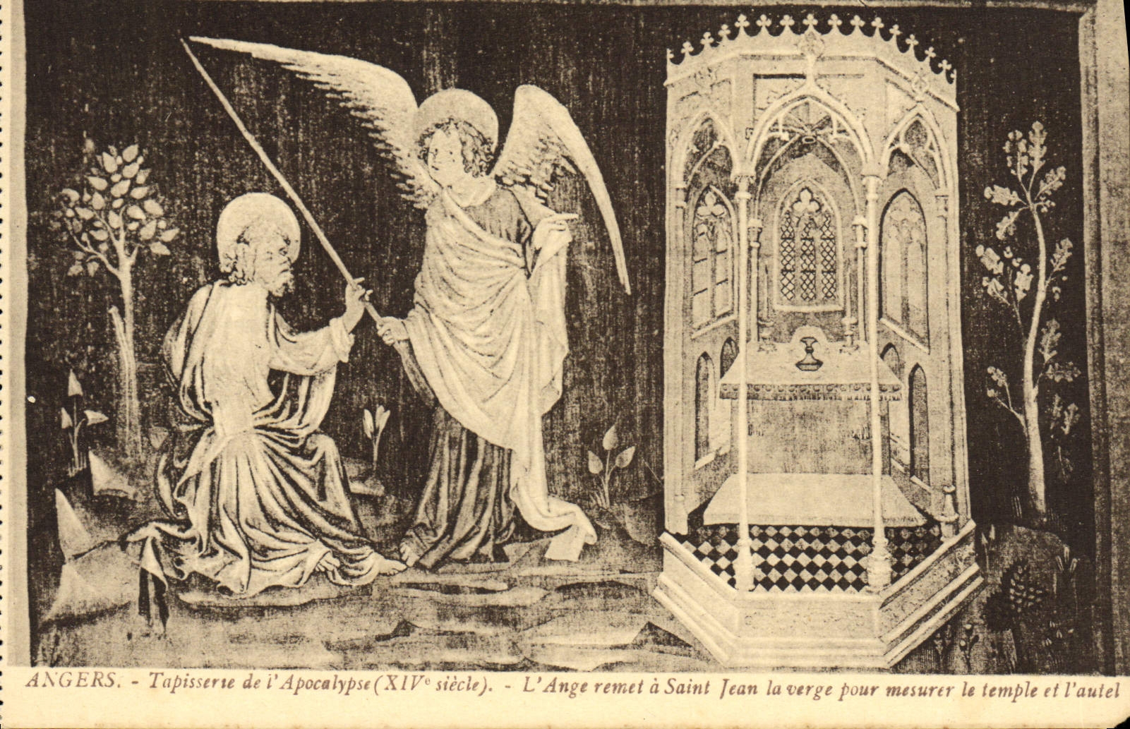 La POSTAL de la VENDIMIA encoleriza Tapissere de la apocalipsis que el ángel da tiene Saint Jean la barra para medir el templo y el horno tiende un puente sobre