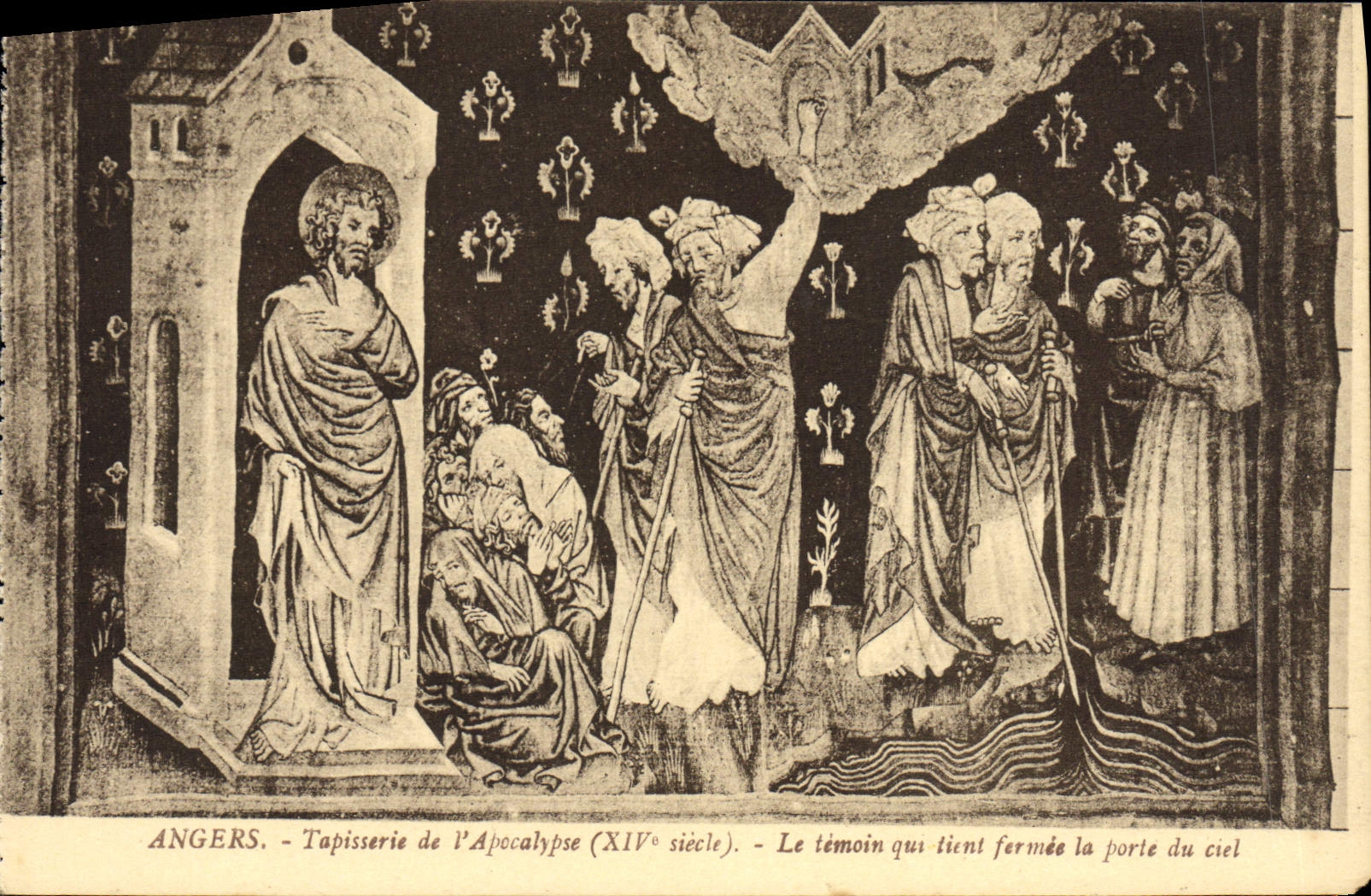 La POSTAL de la VENDIMIA encoleriza Tapissere de la apocalipsis el testigo que sostiene fermee la puerta del cielo