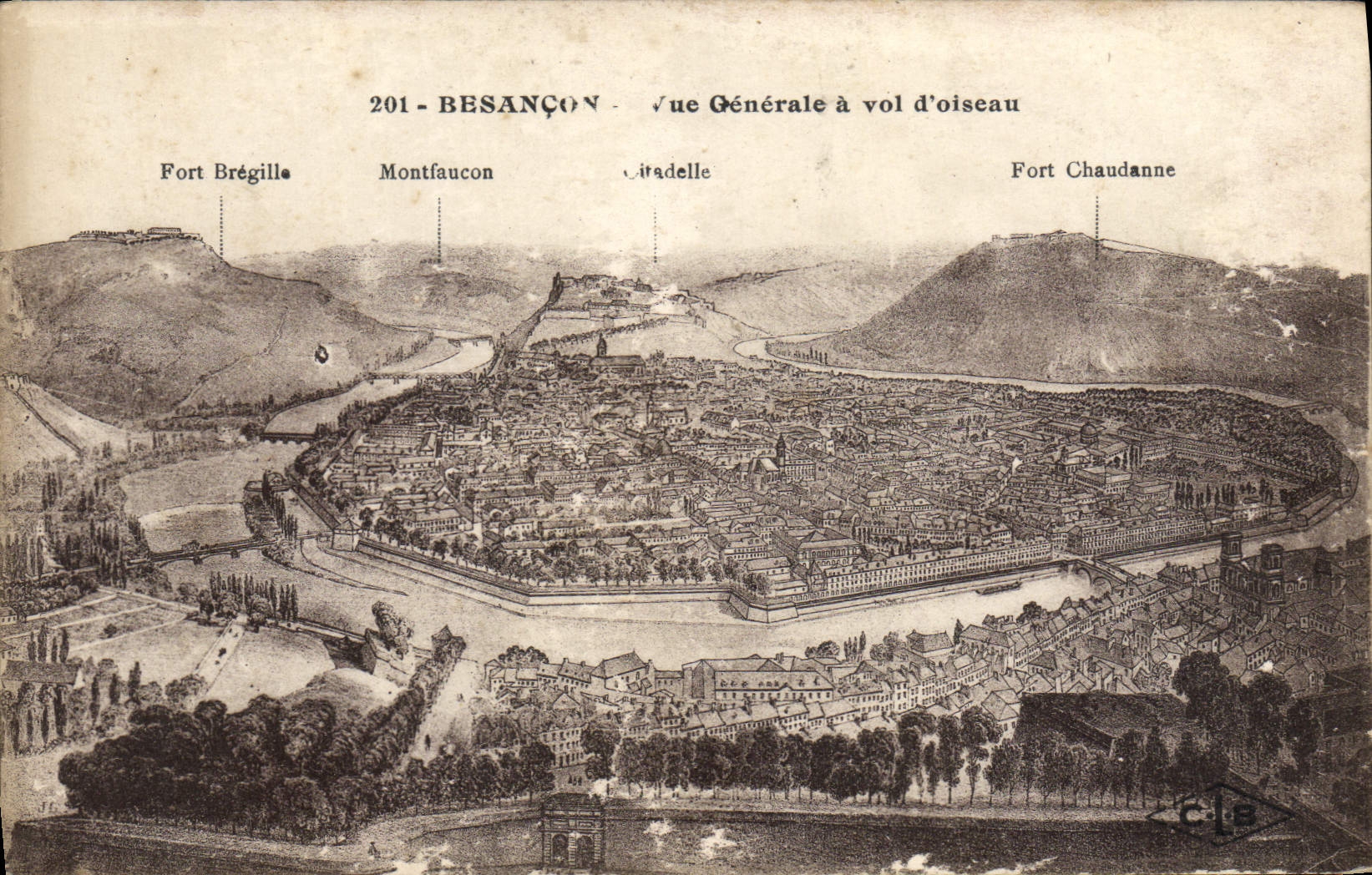 VINTAGE POSTCARD Besancon View as the crow flies Strong Bregille Montfaucon Citadel Strong Chaudanne
