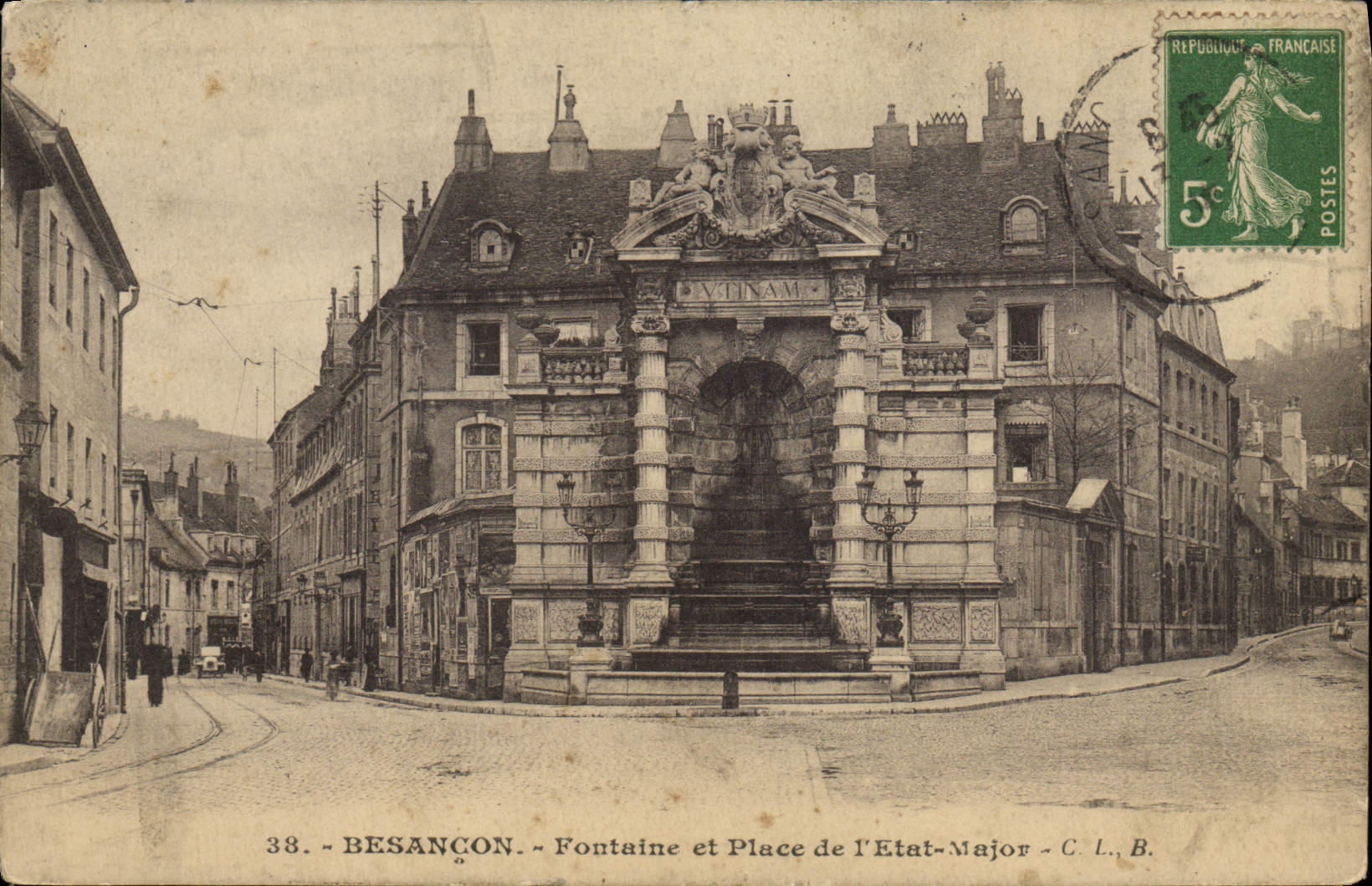 VINTAGE POSTCARD Besancon Fountain and Place of the State Major