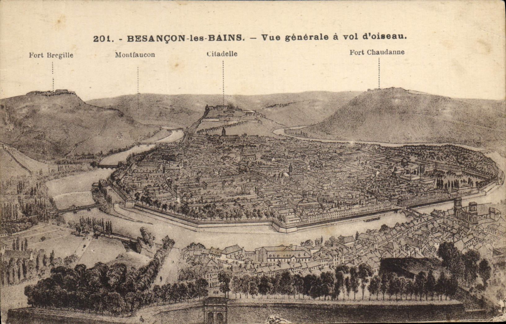 VINTAGE POSTCARD Besancon Les Bains View as the crow flies