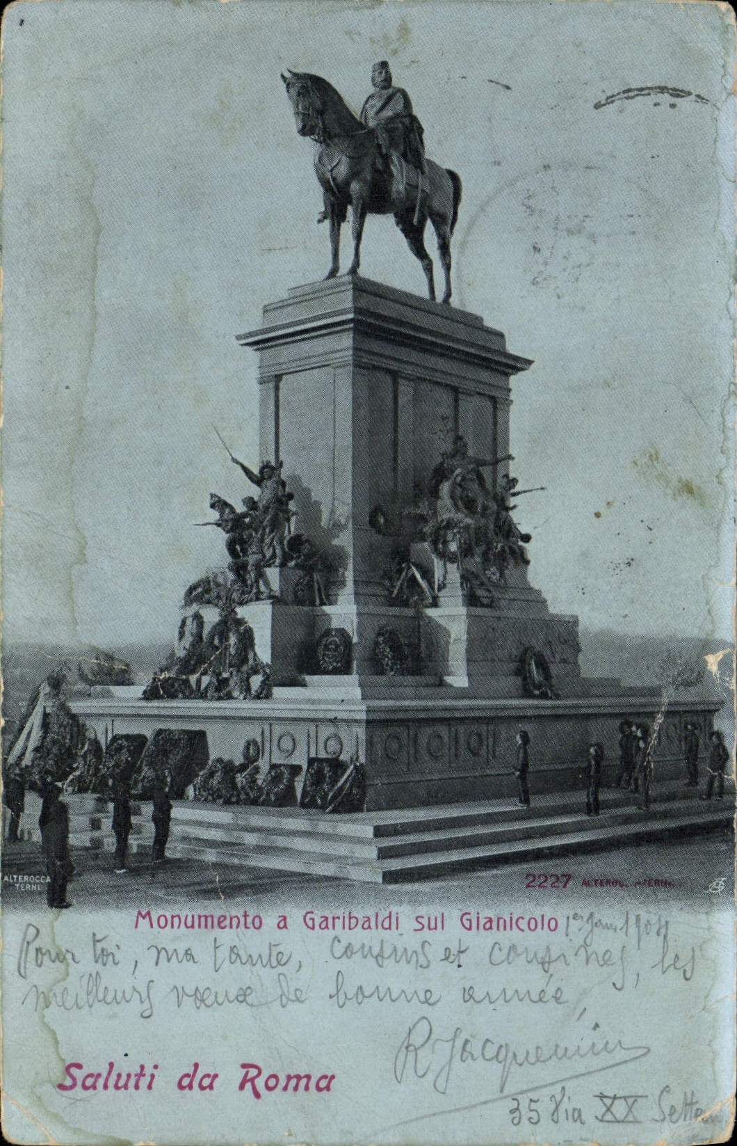 La POSTAL Saluti DA Roma Monumento de la VENDIMIA tiene Garibaldi sui Gianicolo