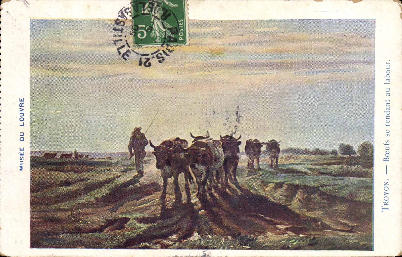 VINTAGE POSTCARD Museum Of Louvre Troyon Oxen going to the ploughing