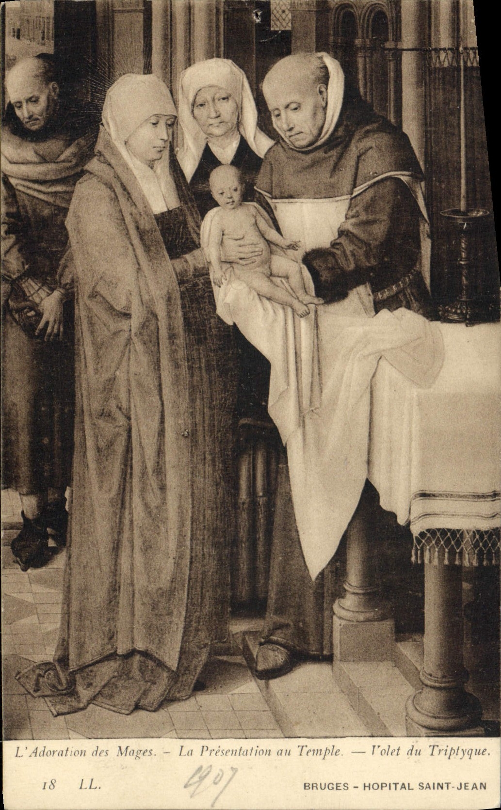 VINTAGE POSTCARD worship of the magi presentation to the temple Shutter of tryptic Bruges Holy Hospital Jean
