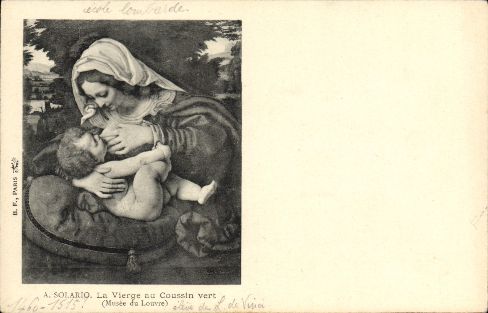 VINTAGE POSTCARD Museum Of Louvre Salario the Virgin With the green Cushion