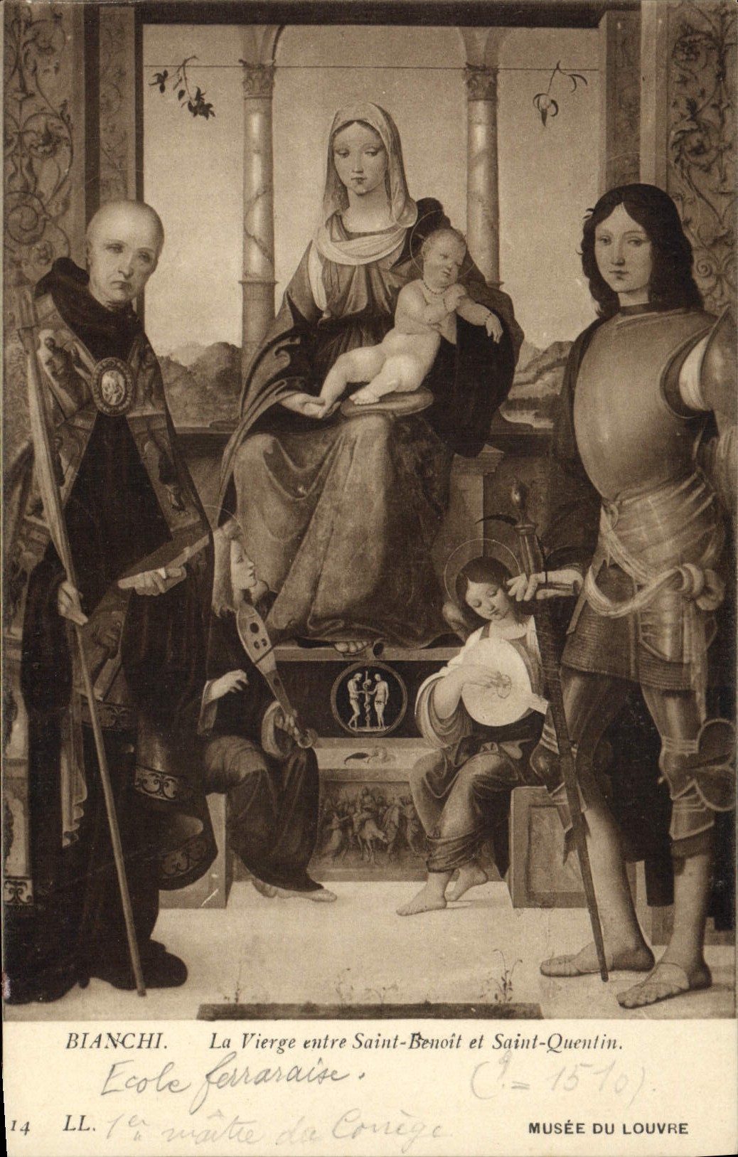 VINTAGE POSTCARD Museum Of Louvre the Virgin Between Saint Benoit and Saint Quentin