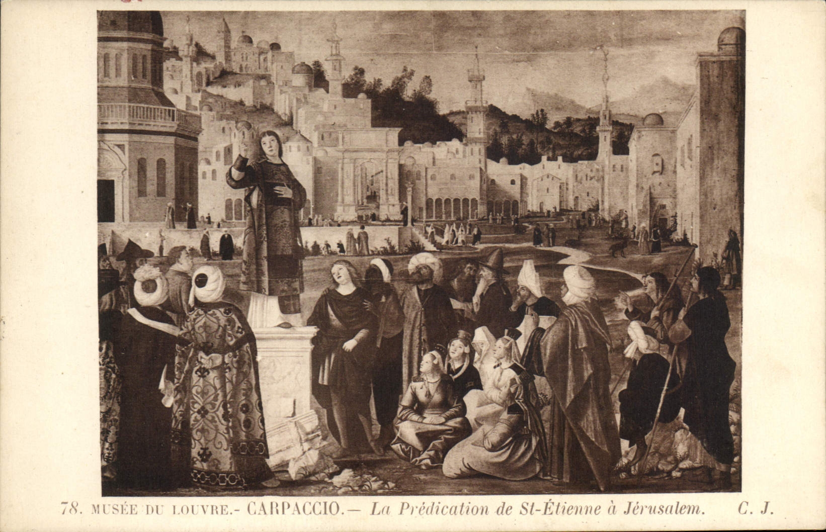 VINTAGE POSTCARD Musee Of Louvre Carpaccio the Preaching of St Etienne has Jerusalem