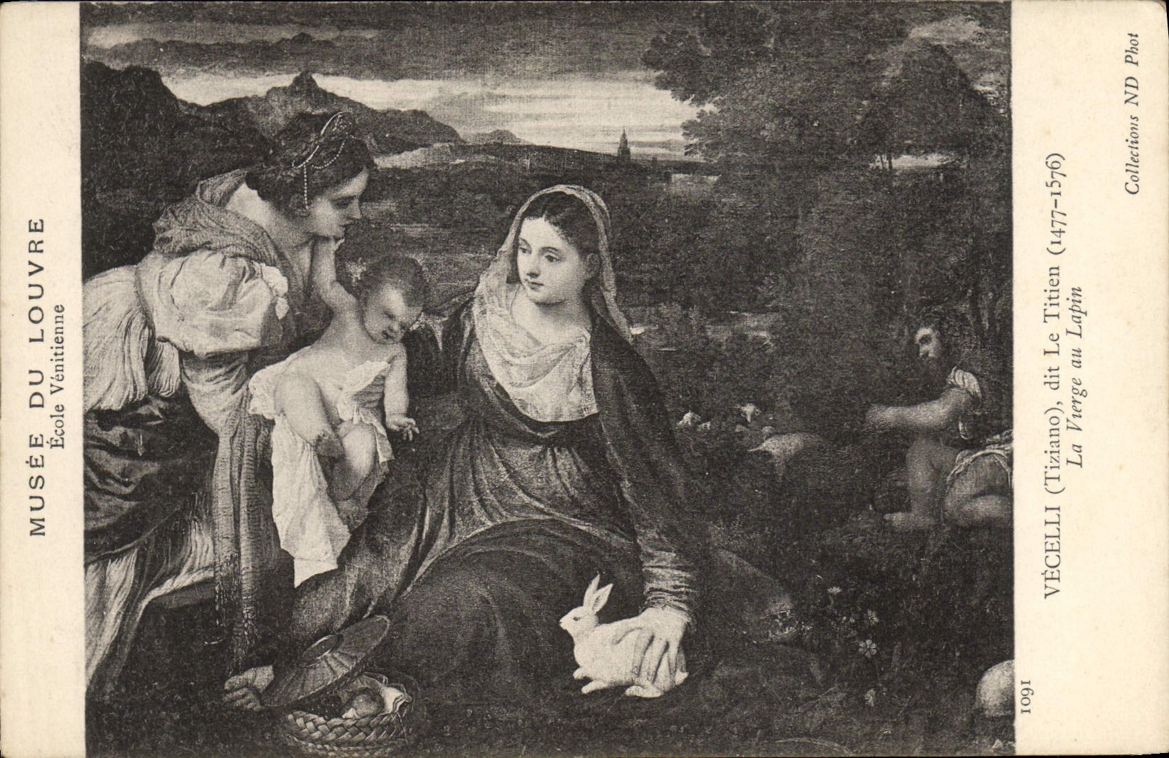 VINTAGE POSTCARD Museum Of Louvre Vecelli Titien the Virgin with rabbit