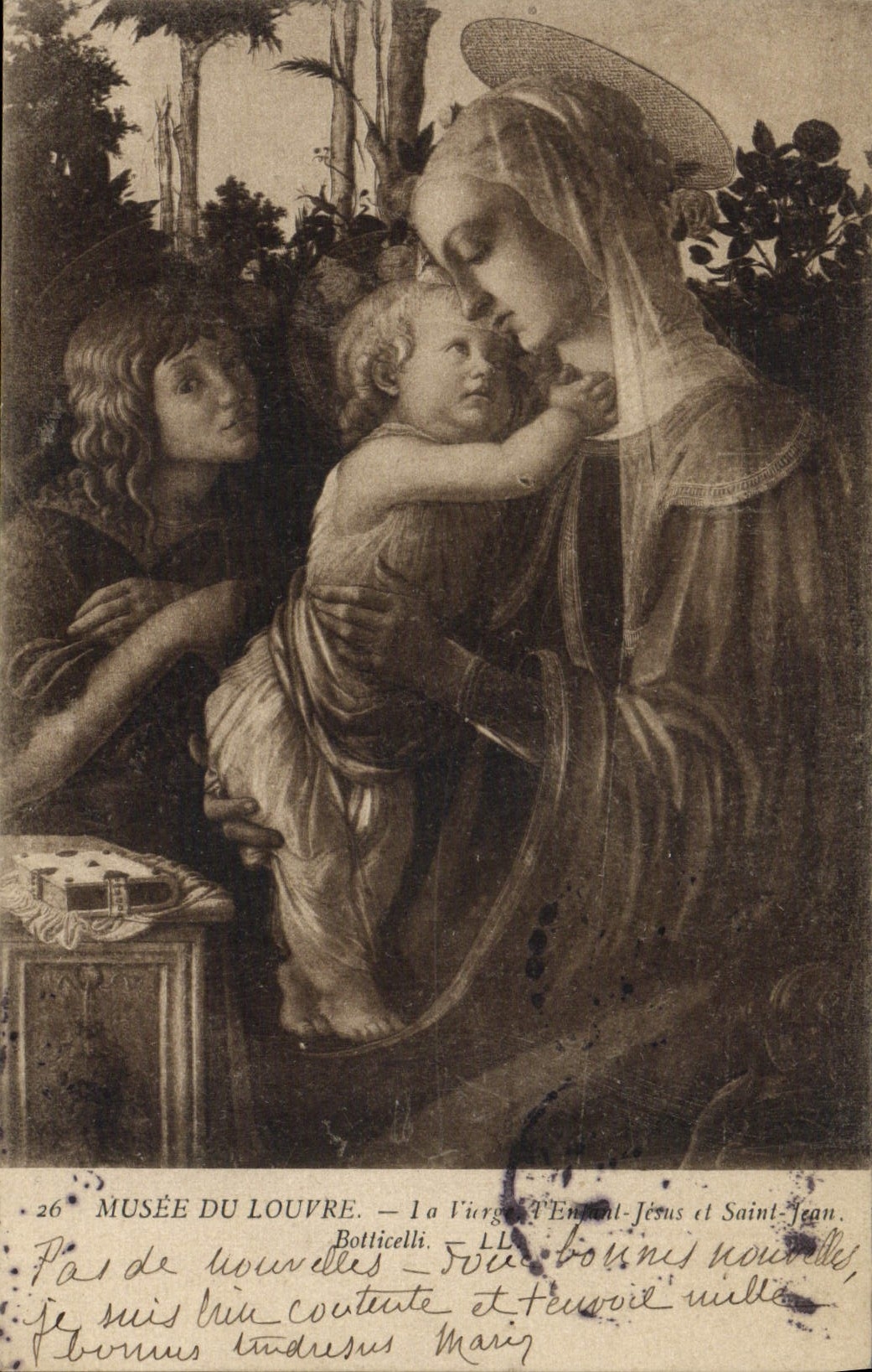 VINTAGE POSTCARD Museum of Louvre the Virgin and the child Jesus and Saint Jean Botticelli