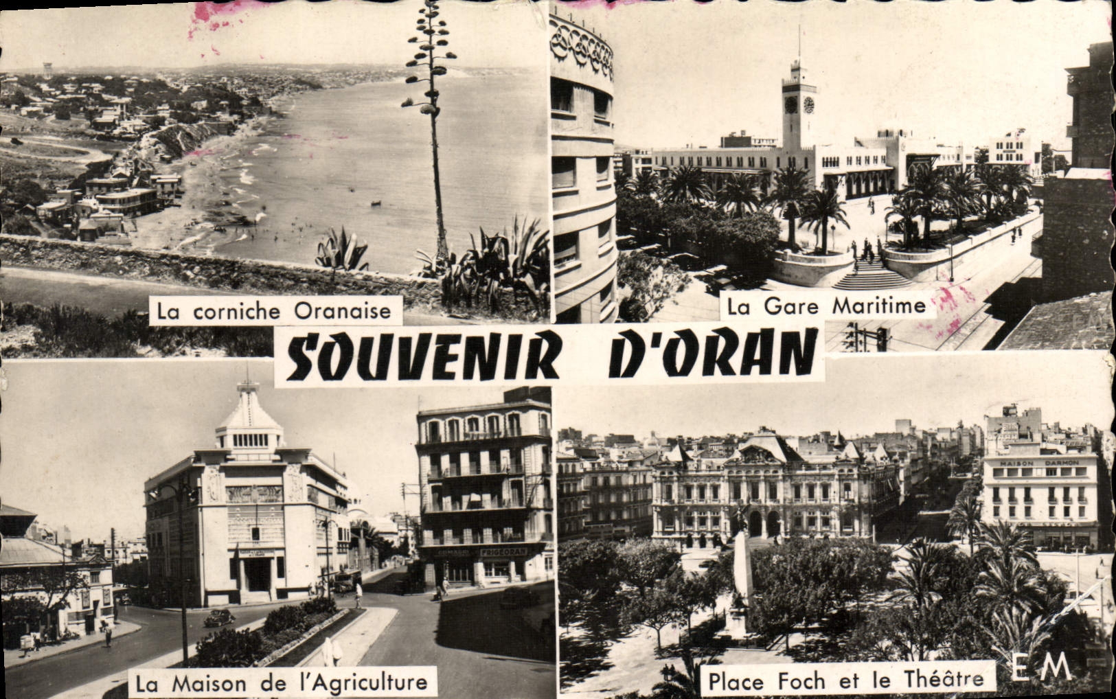 CPM Souvenir d'Oran La corniche oranaise La gare maritime La maison de l'agriculture Place Foch et le theatre 