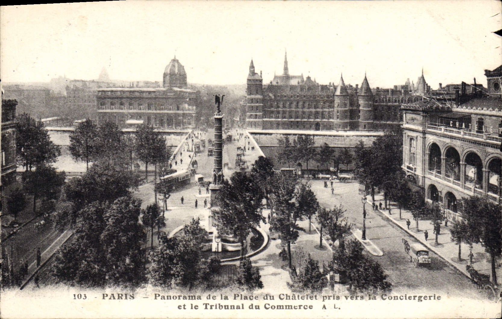 Panorama de París de la POSTAL de la VENDIMIA del lugar de Chatelet tomado hacia la casa de campo del vigilante y la corte de bancarrota