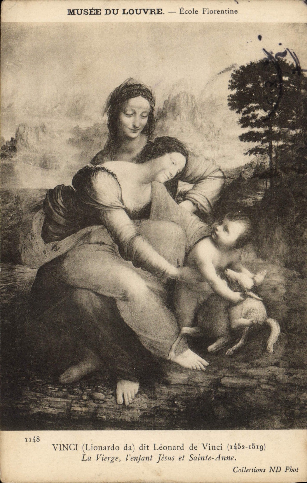 VINTAGE POSTCARD Museum of Louvre School Florentine Vinci Leonard de Vinci the Virgin the child Jesus and Sainte Anne