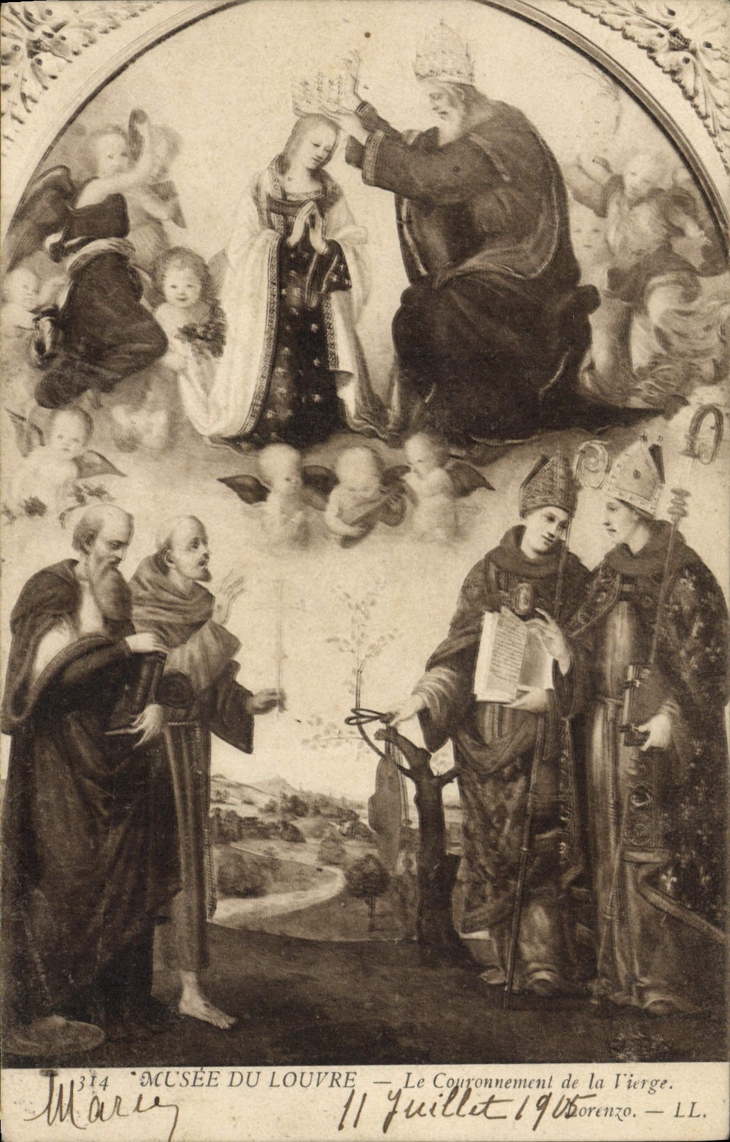 VINTAGE POSTCARD Museum of Louvre the crowning of the Lorenzo Virgin