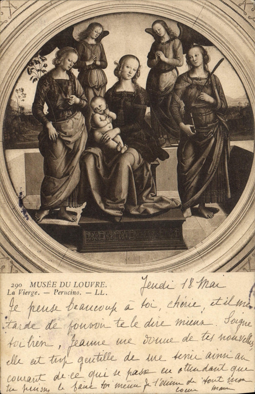 VINTAGE POSTCARD Museum of Louvre the Peurcino Virgin