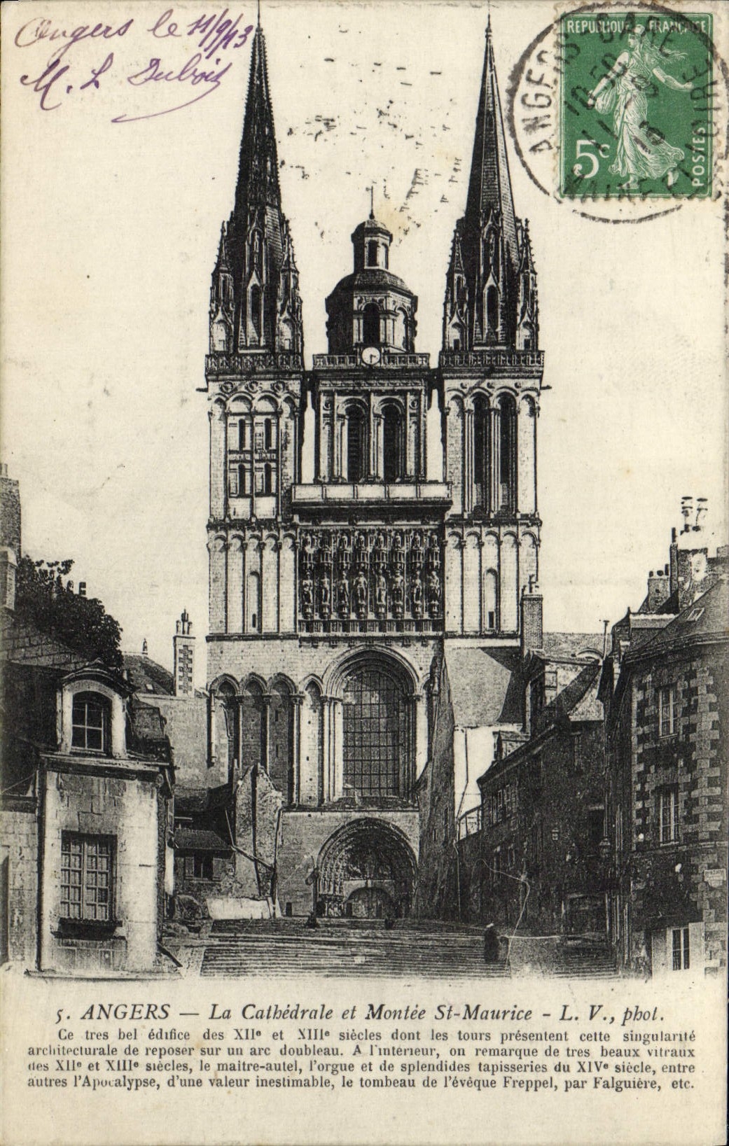 VINTAGE POSTCARD Angers the Cathedral And Rise St Maurice