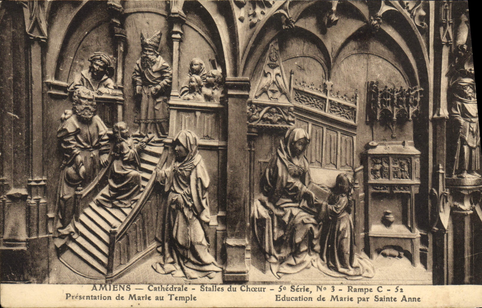 VINTAGE POSTCARD Amiens Cathedral Stalls Of the Chorus Presentation of Marie to the temple