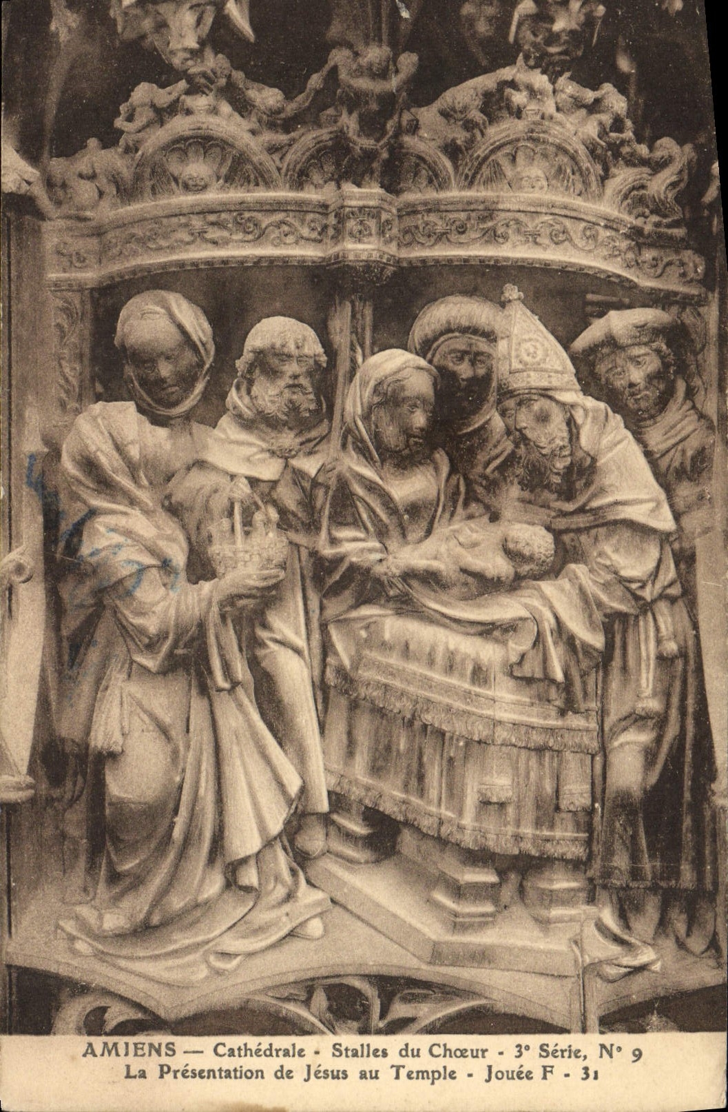 VINTAGE POSTCARD Amiens Cathedral Stalls Of the Chorus presentation of Jesus to the temple