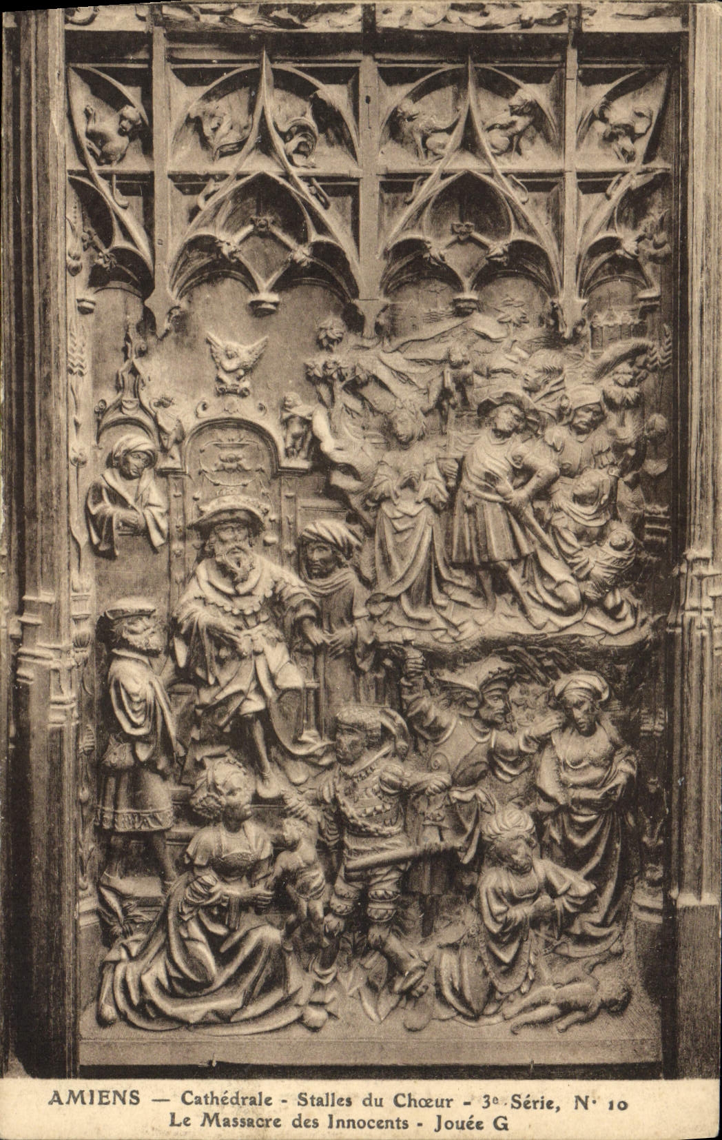 VINTAGE POSTCARD Amiens Cathedral Stalls Of the Chorus the massacre of Innoncents