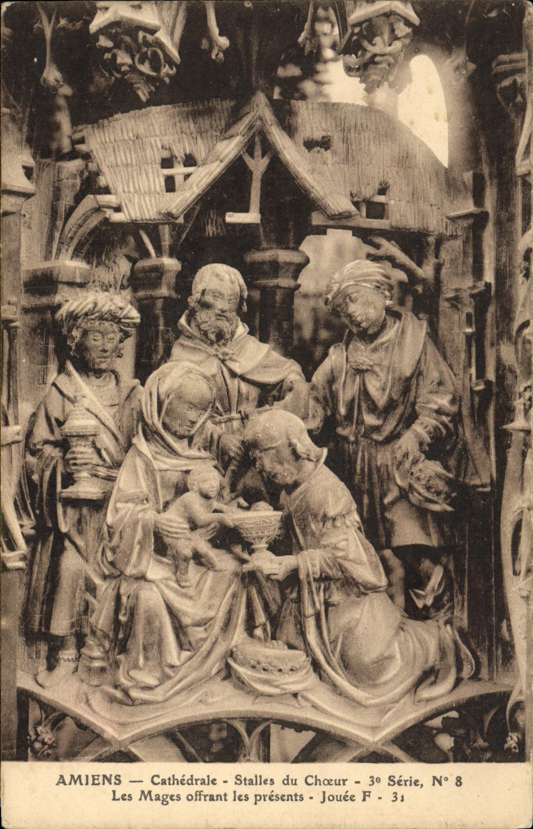 VINTAGE POSTCARD Amiens Cathedral Stalls Of the Chorus magi offering the present