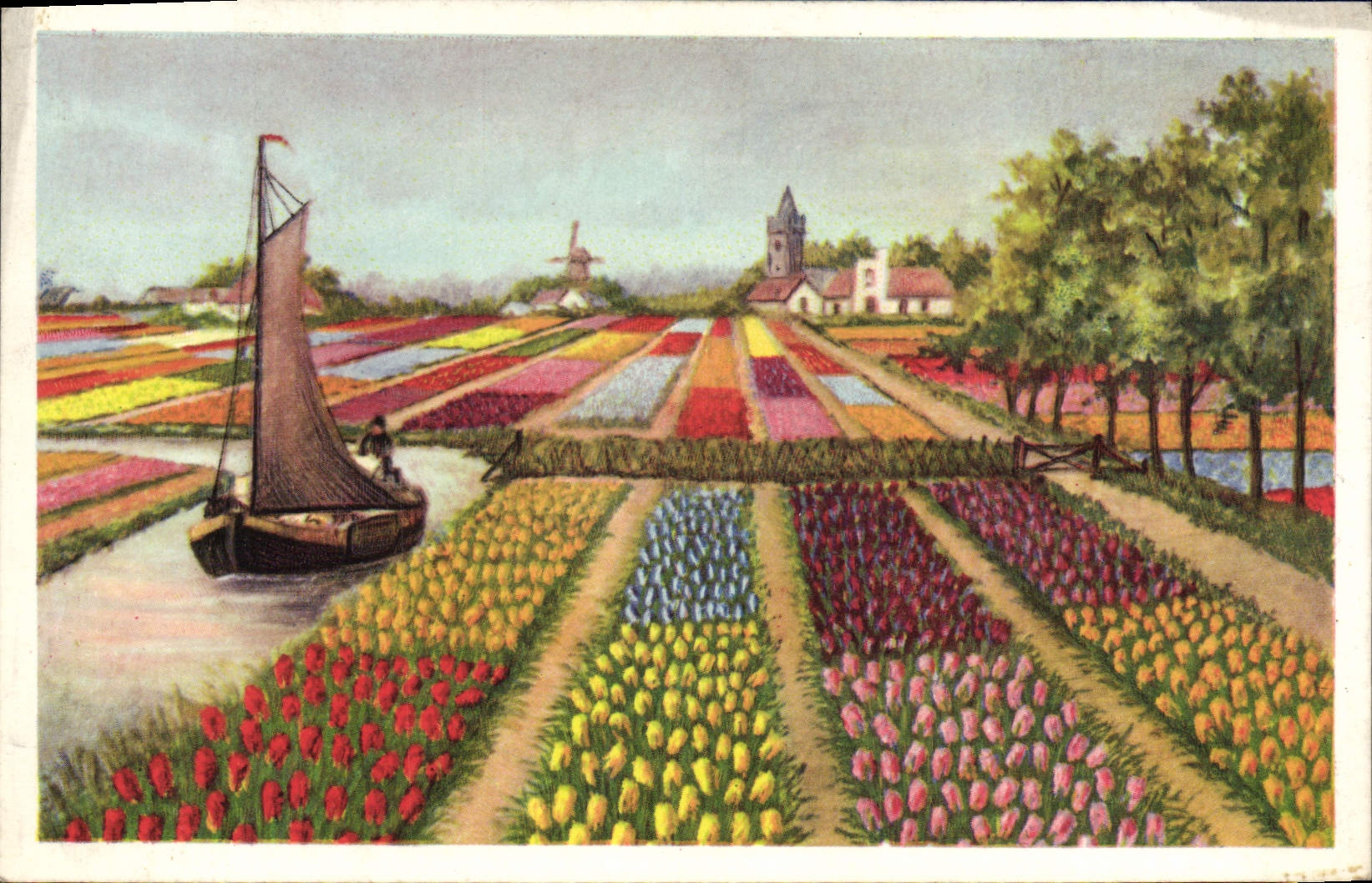 CPA Fantaisie Fleurs Tulipes Bateau