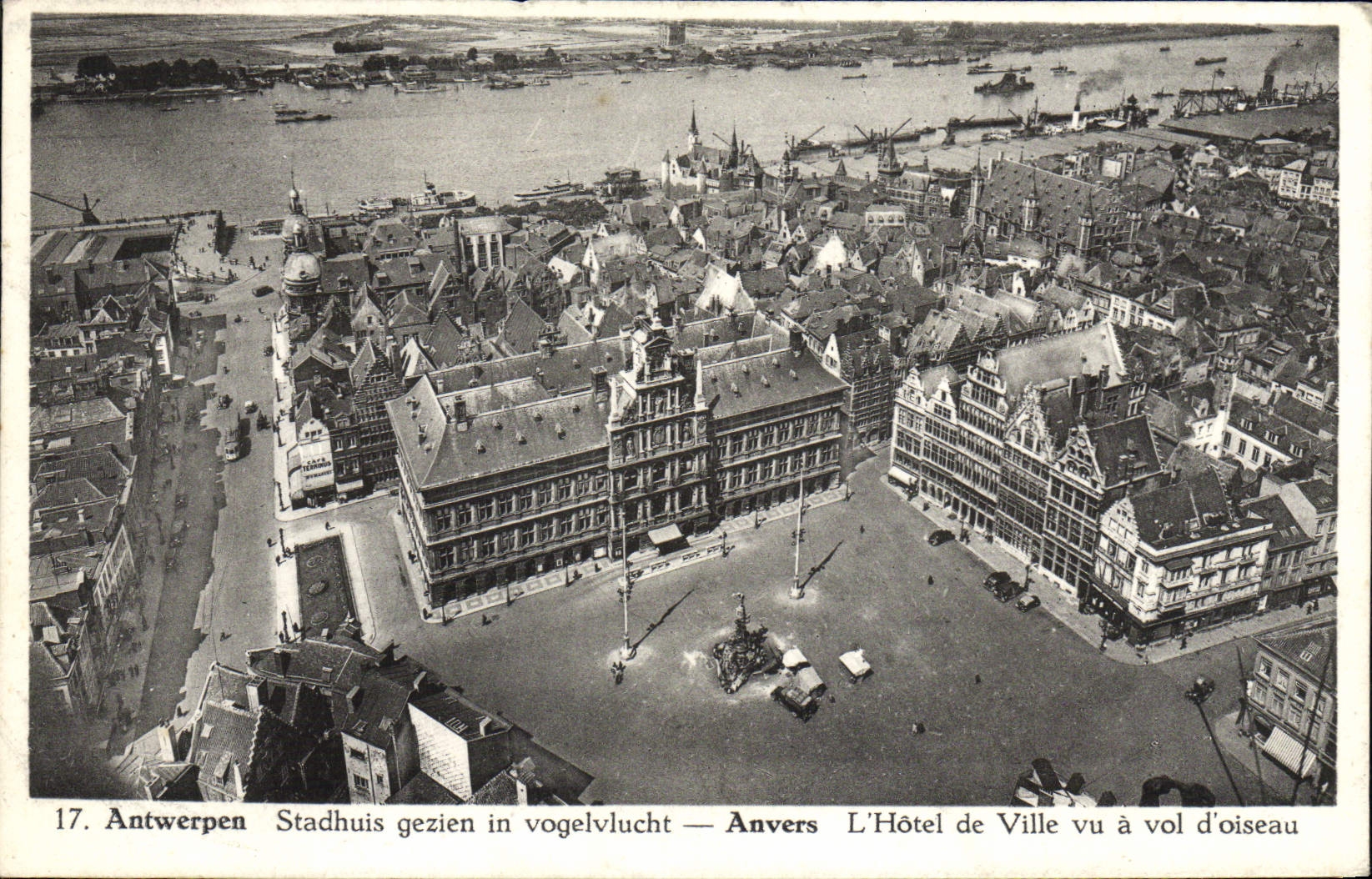 POSTAL Amberes de la VENDIMIA que el ayuntamiento que considera como el cuervo vuela