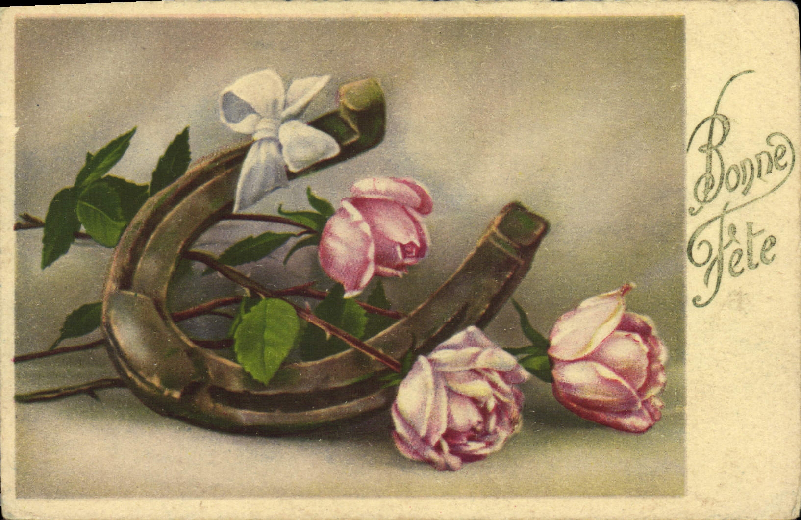 VINTAGE POSTCARD Fantaisie Flowers Horseshoe Bonne Festival