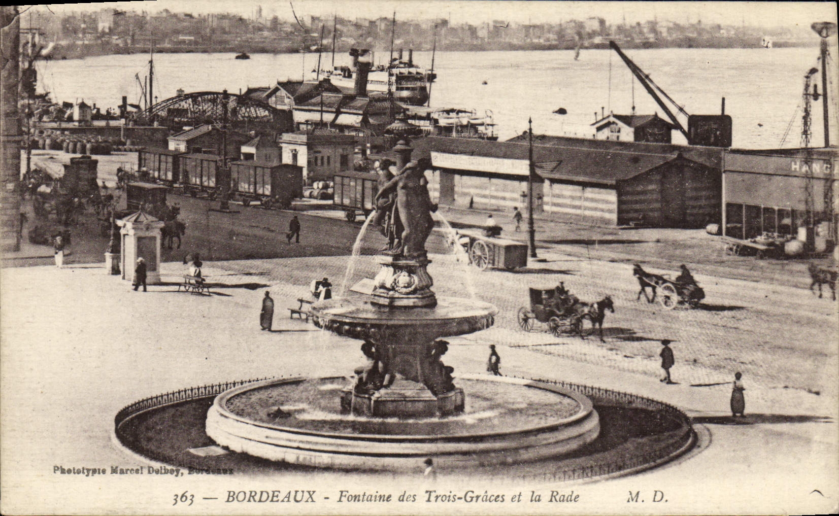 VINTAGE POSTCARD Bordeaux Fountain of the Three Graces and the Roads