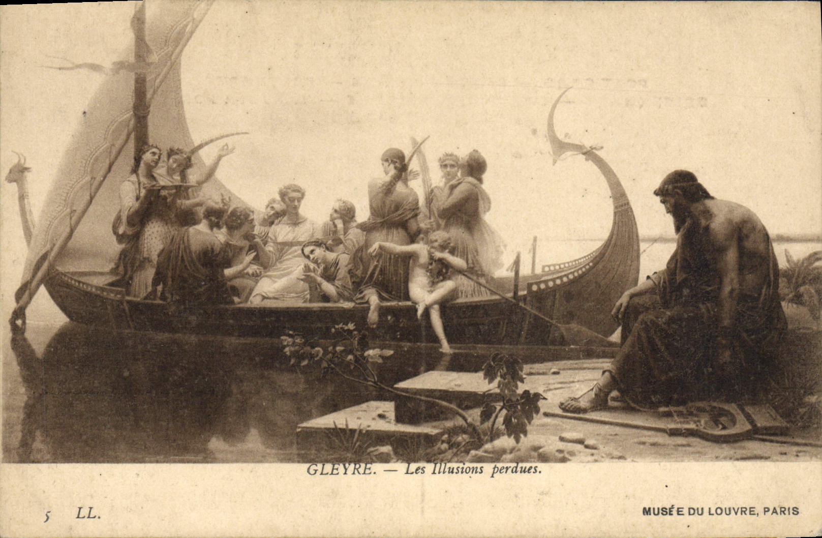 VINTAGE POSTCARD Gleyre lost lllusions Museum of Louvre Paris Boat