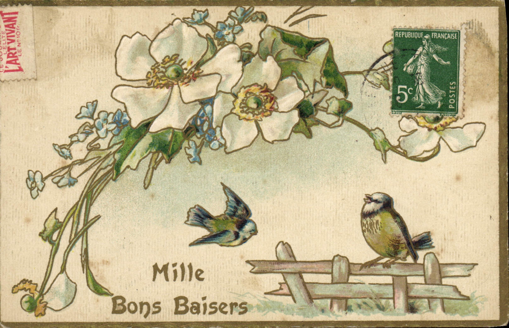 VINTAGE POSTCARD Thousand Good Kisses Flowers birds
