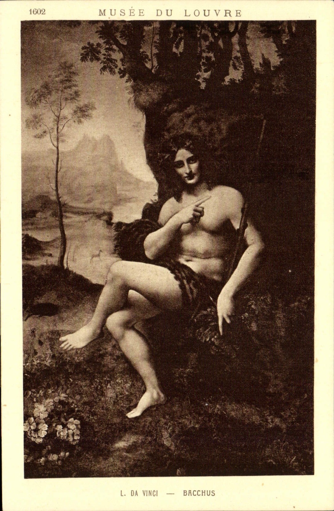 VINTAGE POSTCARD Museum of Louvre Bacchus L da Vinci