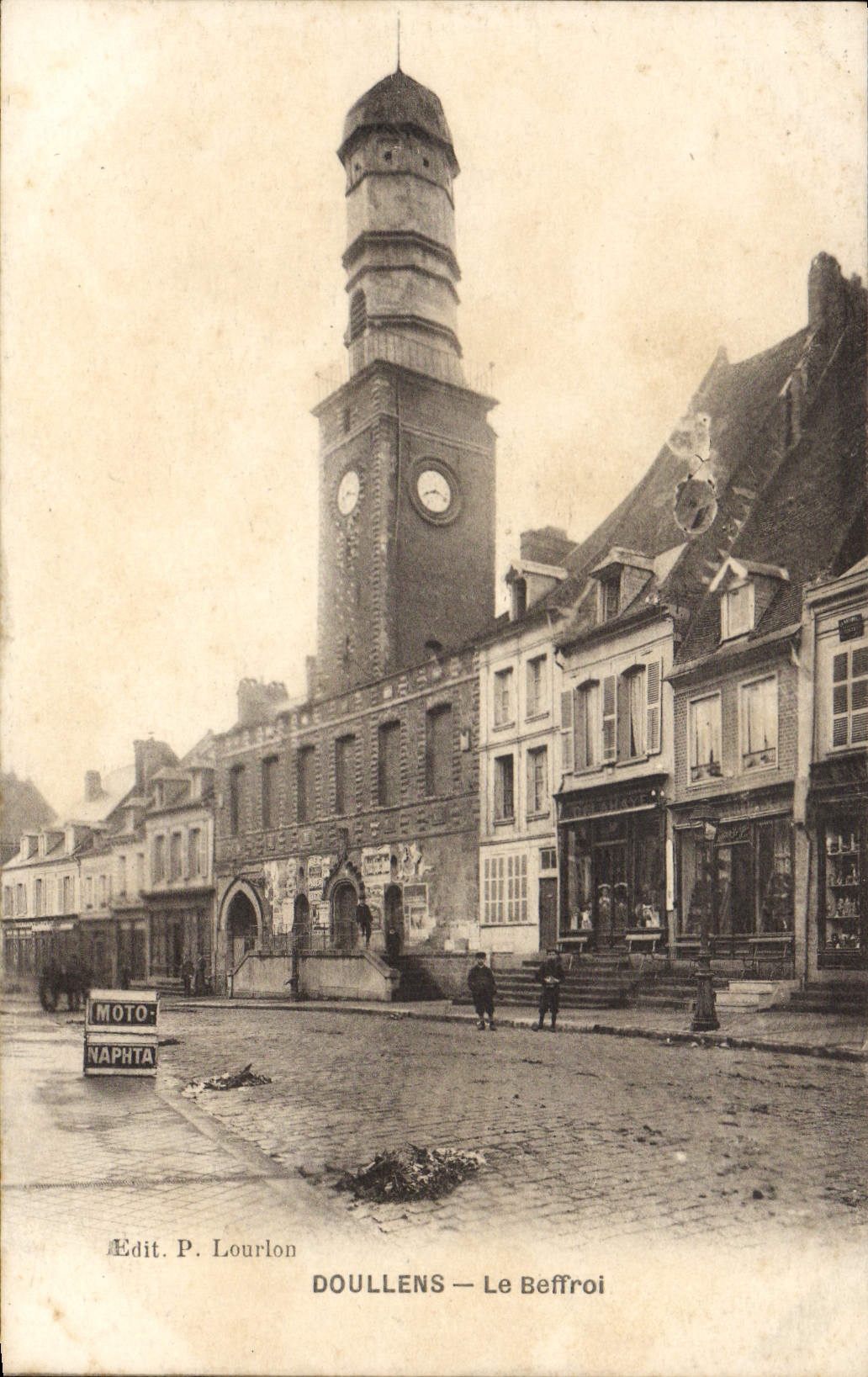 VINTAGE POSTCARD Doullens the Belfry Motor bike Naphtha