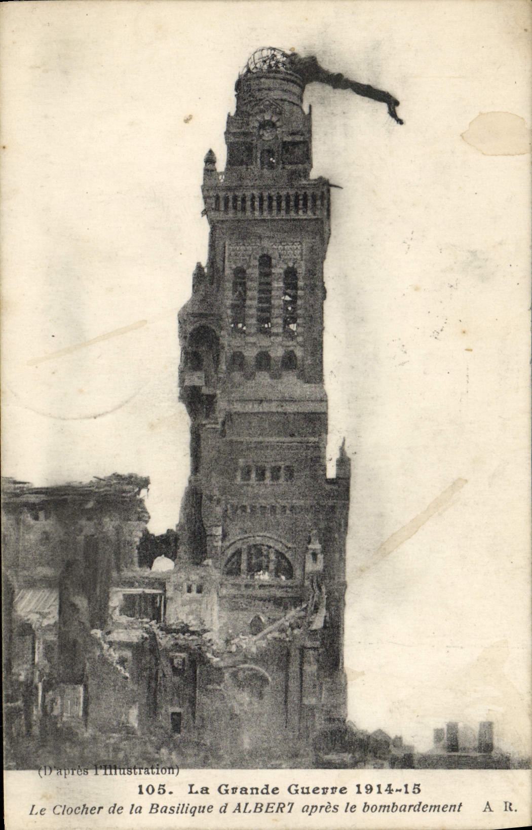 CPA Le Clocher de la Basilique d'Albert apres le bombardement 