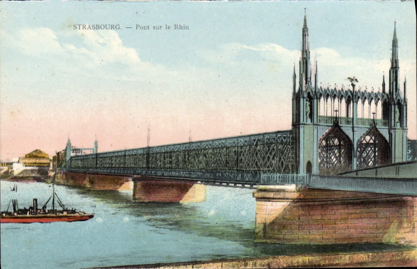 Puente de Estrasburgo de la POSTAL de la VENDIMIA en el Rin