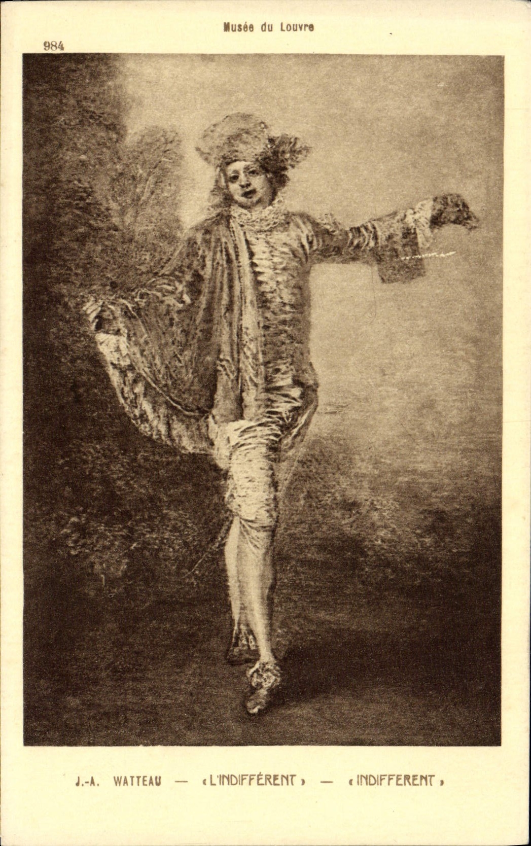 VINTAGE POSTCARD Watteau indifferent Paris Museum of Louvre