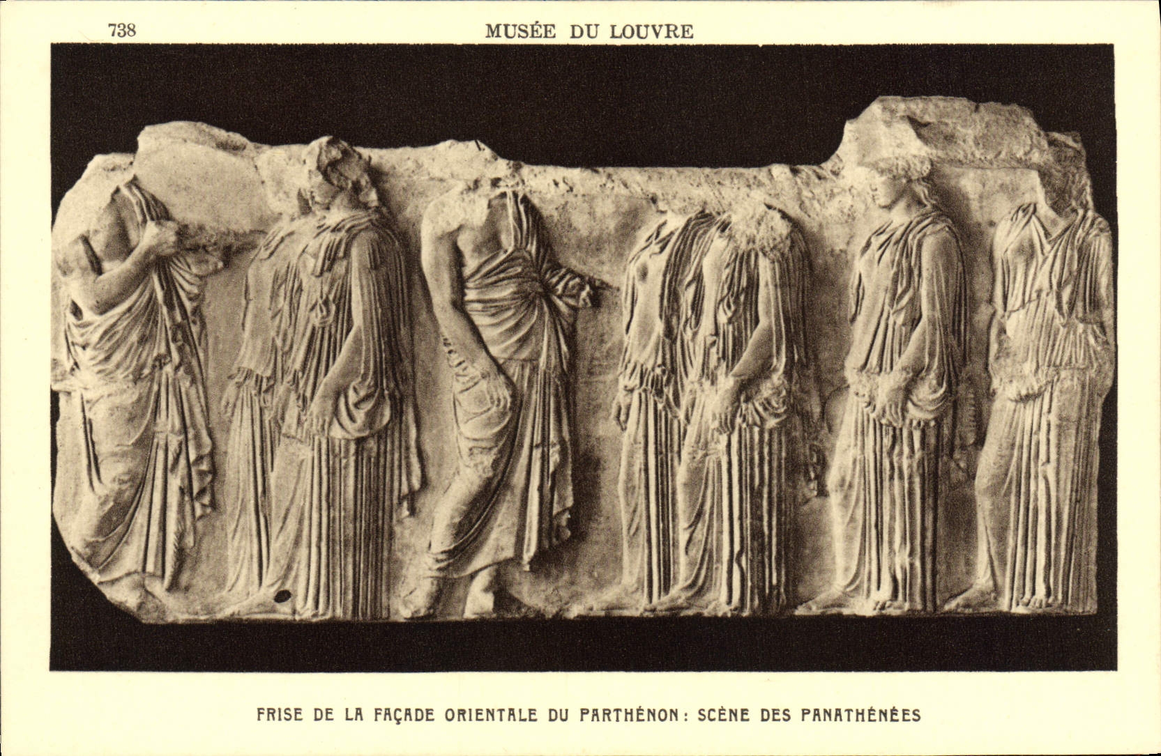 VINTAGE POSTCARD Museum Of Louvre Paris Plank of the Eastern frontage of the Parthenon Scene of Panathenees