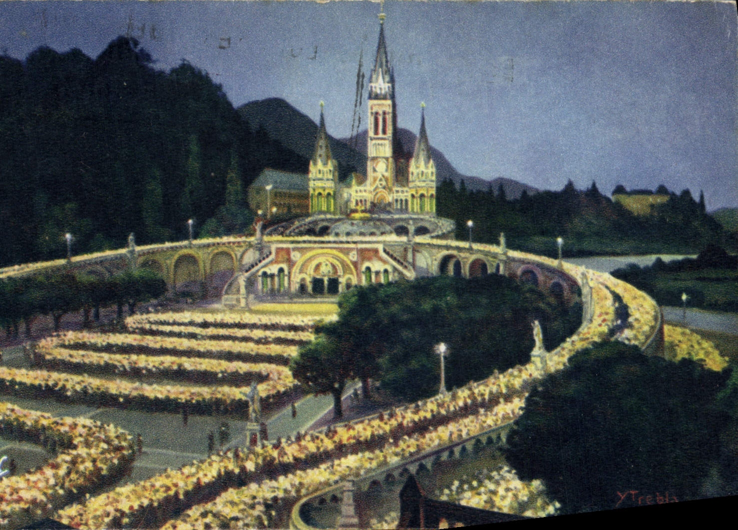 VINTAGE POSTCARD Heavy the Illuminee Basilica and the procession with the torches