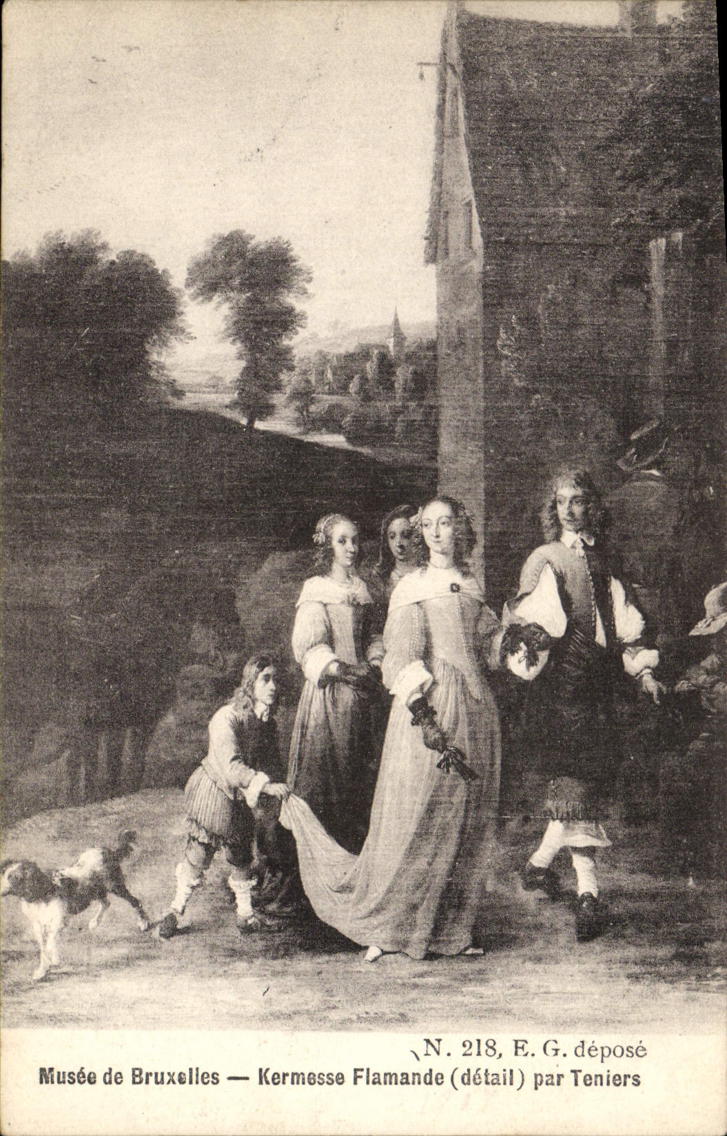 VINTAGE POSTCARD Museum Of Brussels Flemish Village fair by Teniers Dog