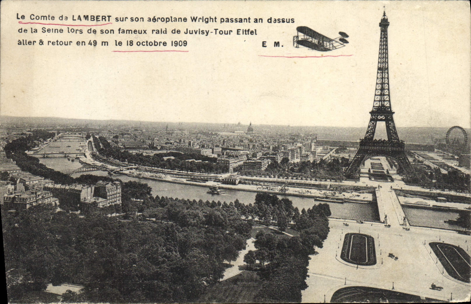 CPA Le Comte Da Lambert sur son aeroplane Wright passant au dessus de la Seine Paris Tour Eiffel Avion