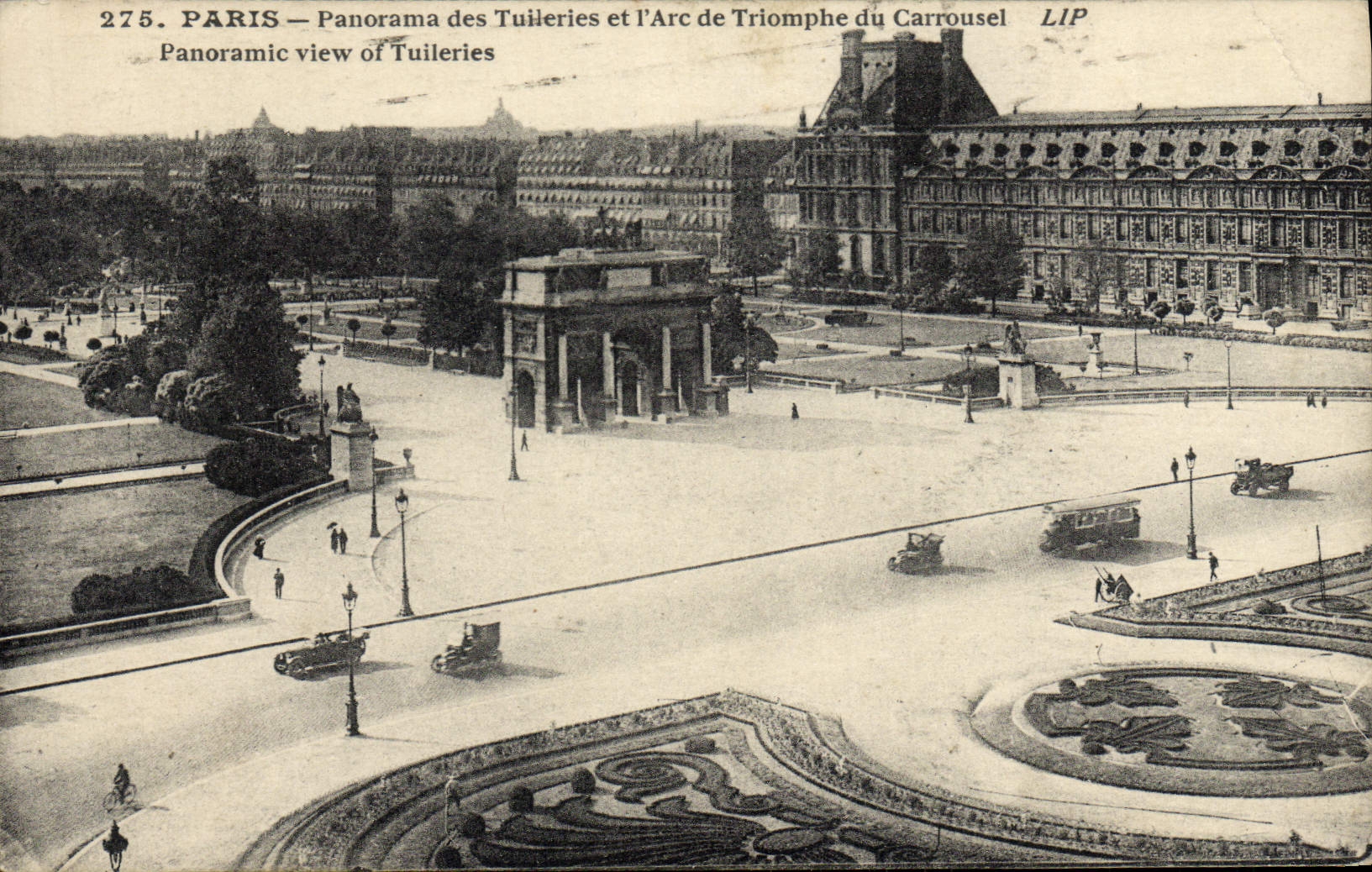 Panorama de París de la POSTAL de la VENDIMIA de Tileries y de I Arc de Triomphe del carrusel