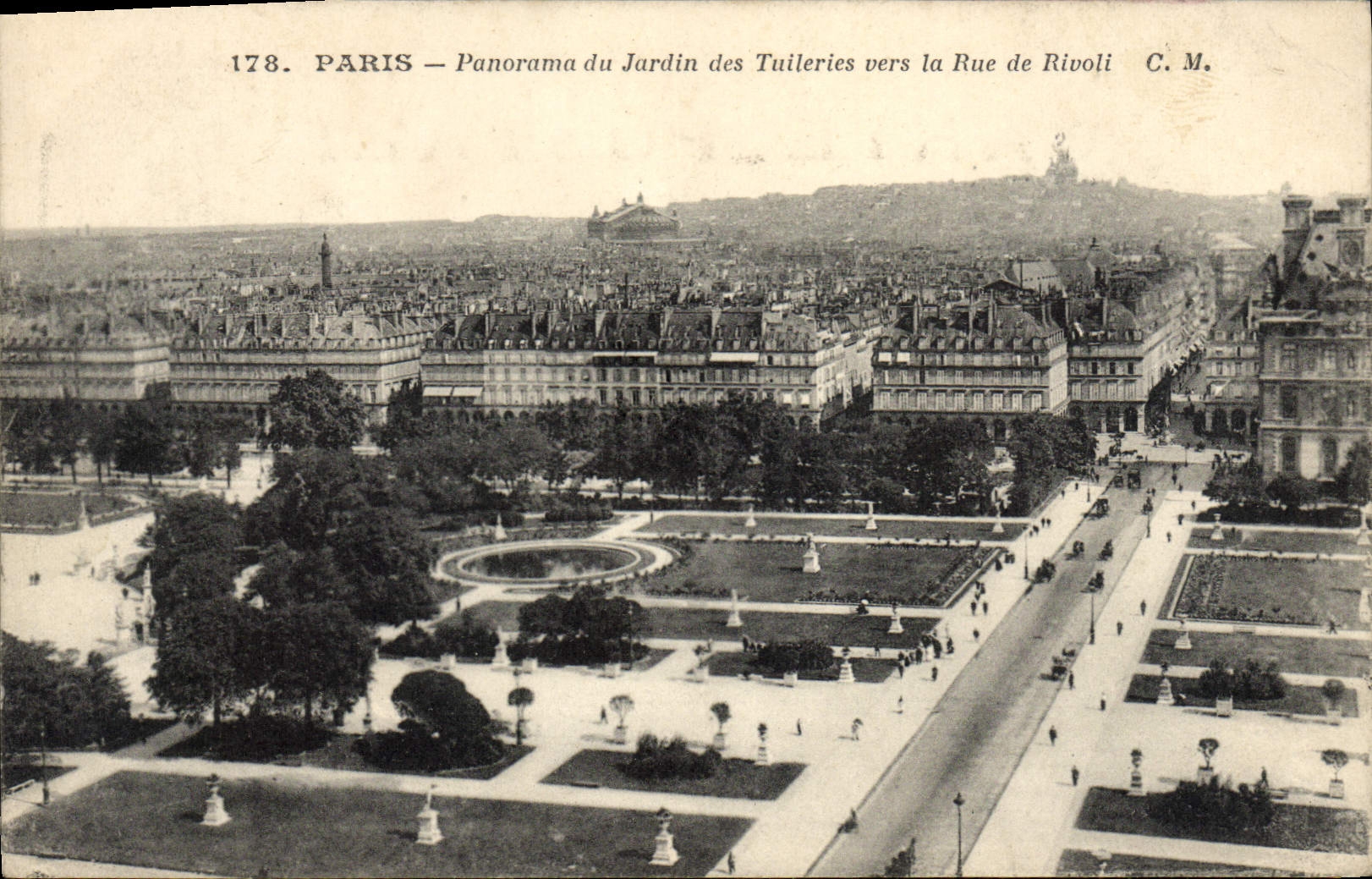 Panorama de París de la POSTAL de la VENDIMIA del jardín de Tileries hacia la calle De Rivoli