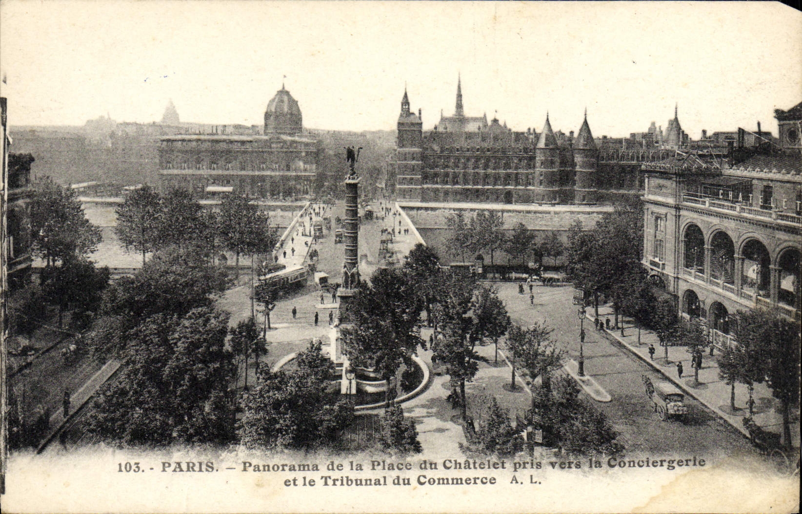 Panorama de París de la POSTAL de la VENDIMIA del lugar de Chatelet tomado hacia la casa de campo del vigilante