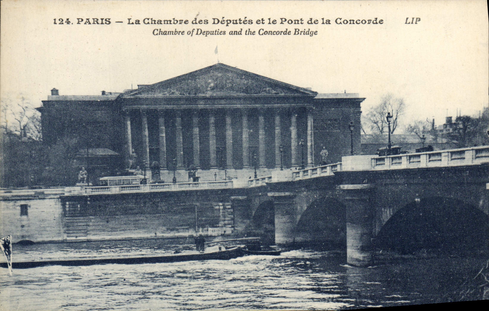 VINTAGE POSTCARD Paris the House of Commons and the Bridge of the Harmony Boat Barge