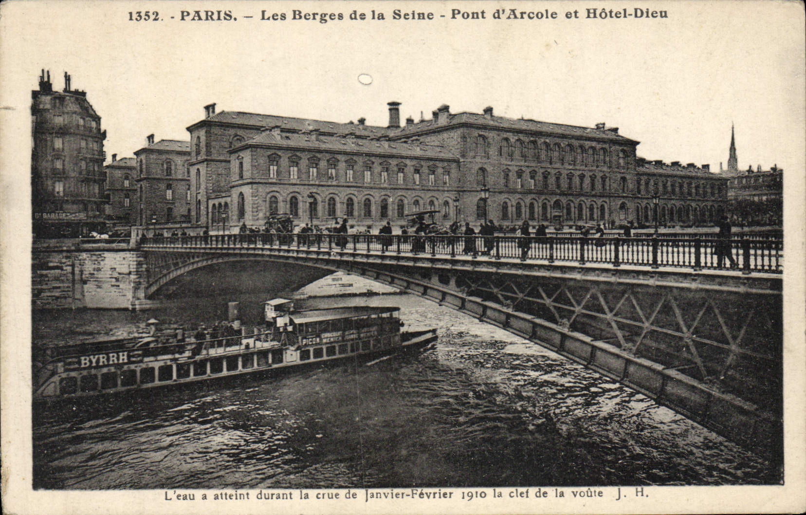 VINTAGE POSTCARD Paris Banks of the Seine Bridge D' Arcole and Hotel God Boat Barge