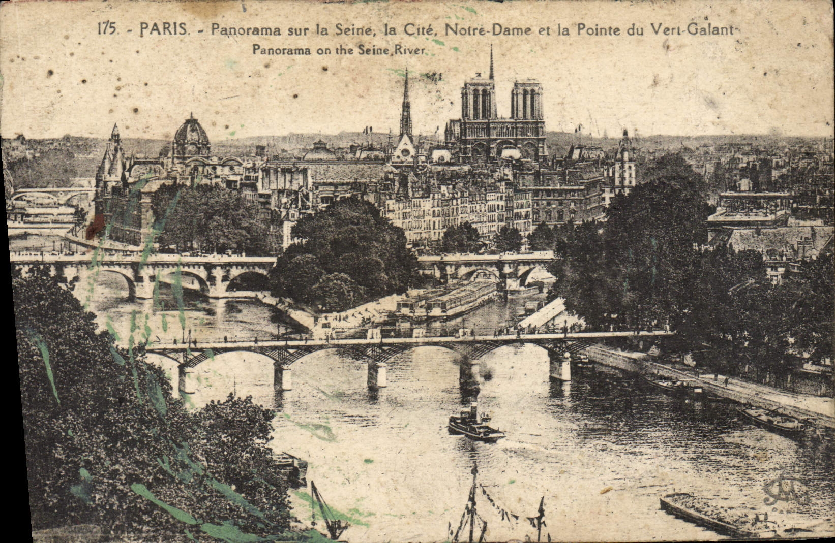 Panorama de París de la POSTAL de la VENDIMIA en el Seine el ISCED Notre Dame y el punto del verde galante