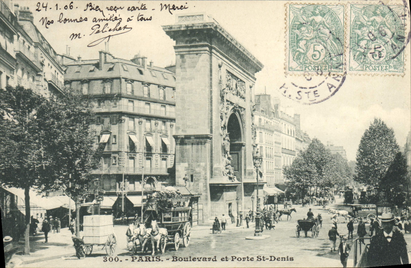 VINTAGE POSTCARD Paris Boulevard and Gate St Denis