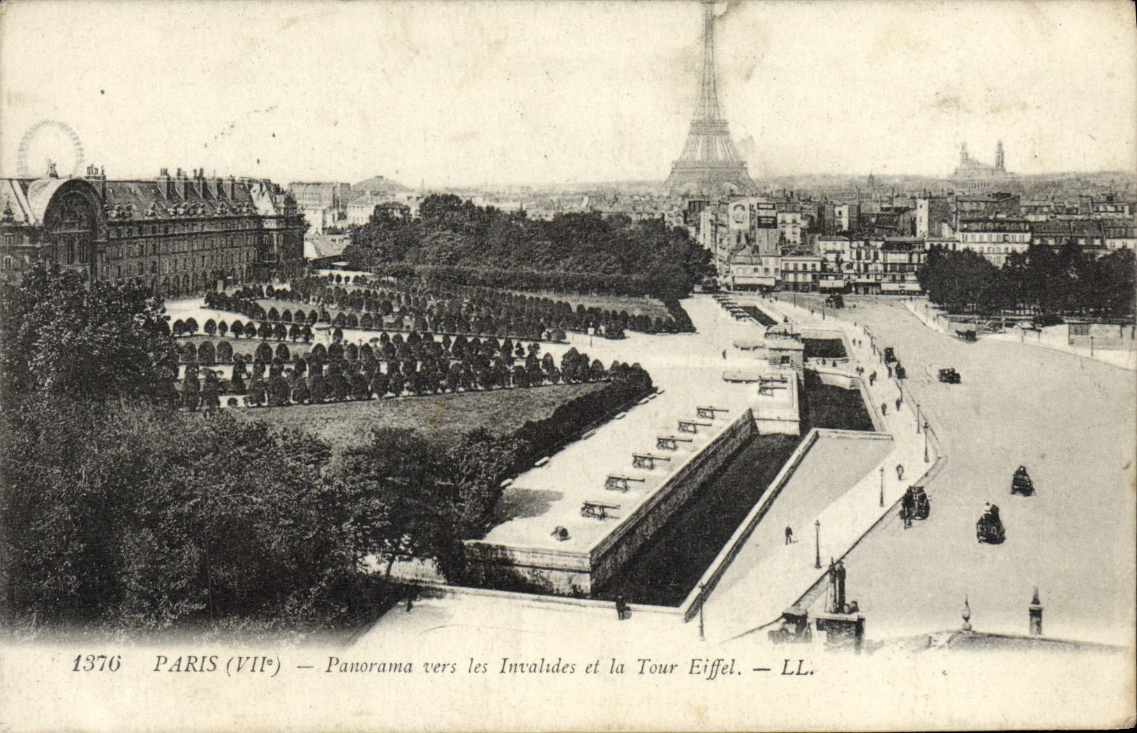 Panorama de París de la POSTAL de la VENDIMIA hacia el Invalids y la torre Eiffel