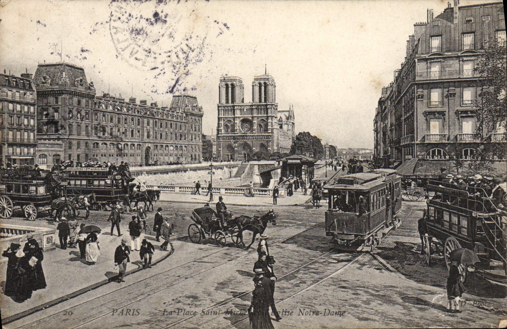 VINTAGE POSTCARD Paris the Place Saint Michel and the church Notre Dame Tram