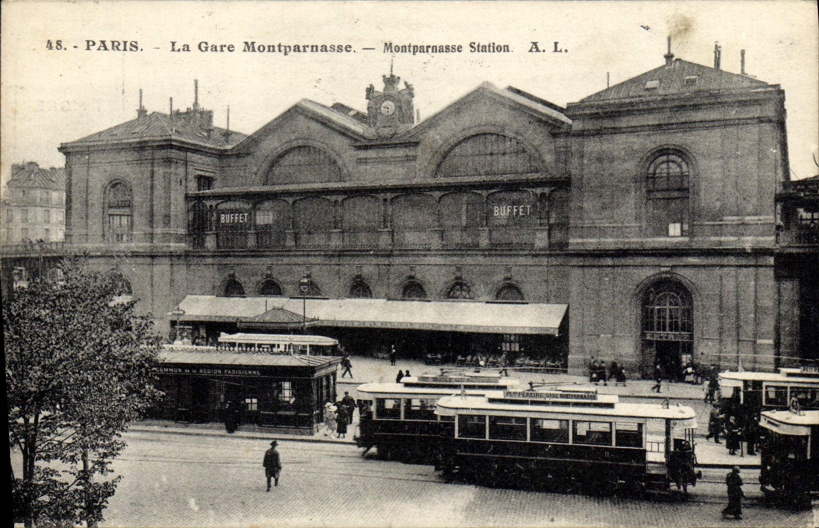 VINTAGE POSTCARD Paris Train station Montparnasse Tram