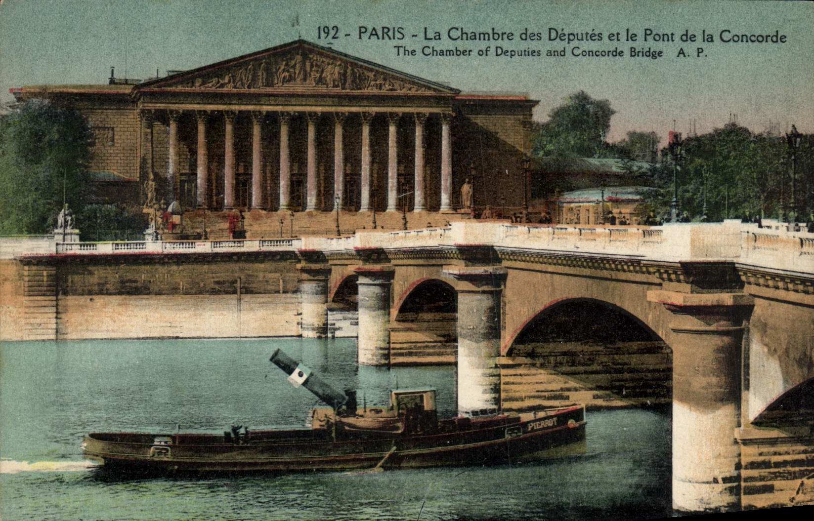 VINTAGE POSTCARD Paris the House of Commons and the Bridge of the Harmony Boat